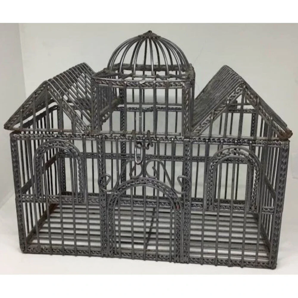 Ornate Gray Decorative Metal Birdcage Centerpiece